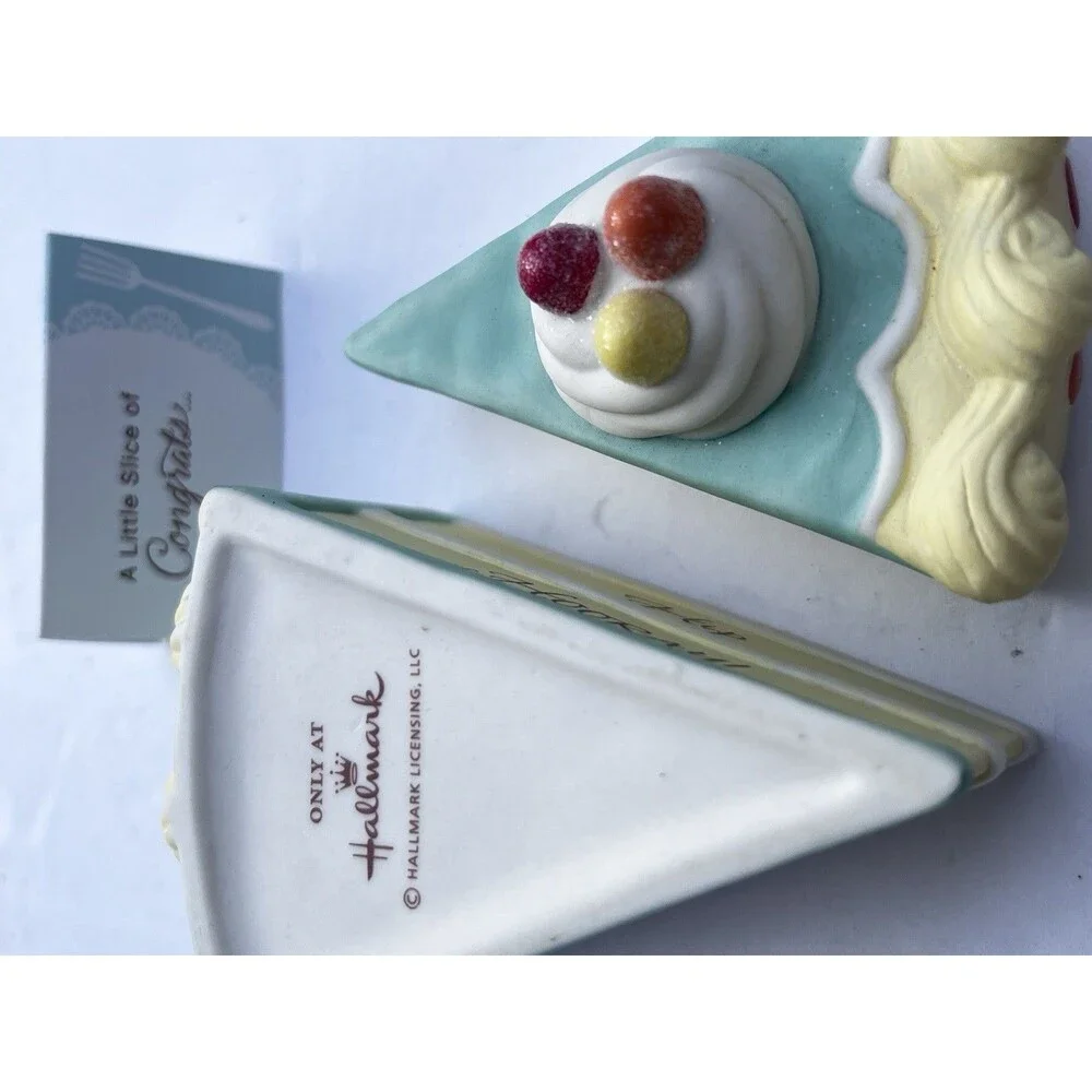 Hallmark Hip Hip Hooray Cake Slice Trinket Box Congrats Ceramic Keepsake w Card